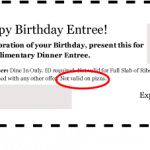BDay entree coupon
